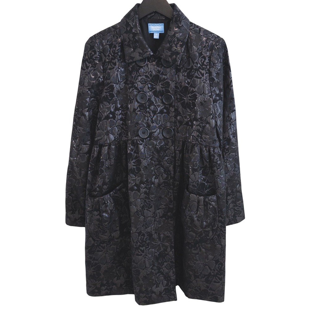 Simply Vera Vera Wang Trench Coat Womens M Black Floral Jacquard Double Breasted